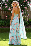 Blue and Pink Floral Chiffon Long Bridesmaid Dress with Side Cape