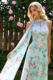 Blue and Pink Floral Chiffon Long Bridesmaid Dress with Side Cape
