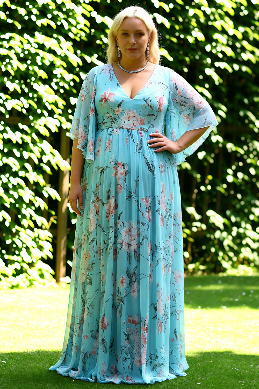 Floral Blue and Pink Batwing Sleeevs Plus Size Long Bridesmaid Dress