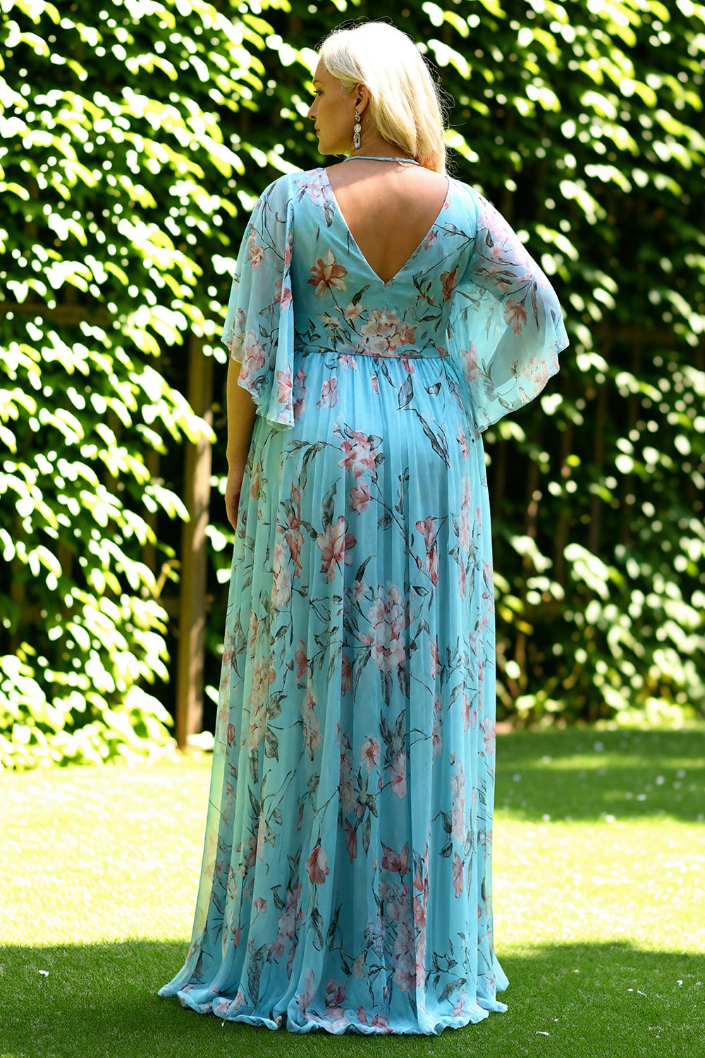Floral Blue and Pink Batwing Sleeevs Plus Size Long Bridesmaid Dress