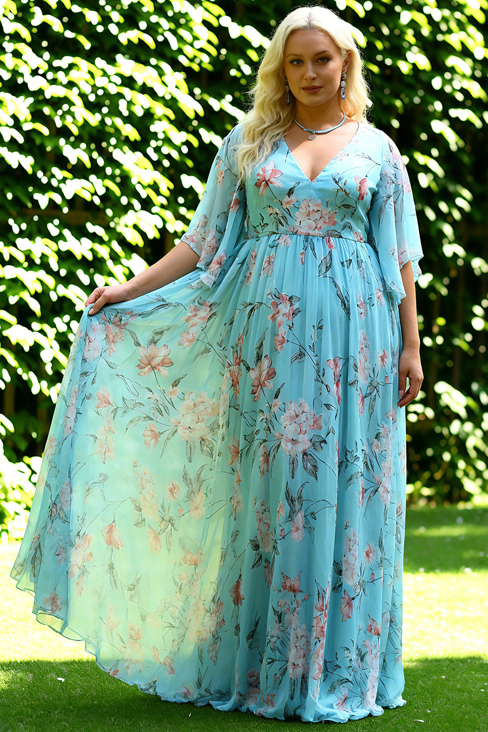 Floral Blue and Pink Batwing Sleeevs Plus Size Long Bridesmaid Dress