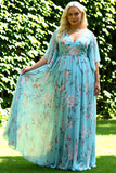 Floral Blue and Pink Batwing Sleeevs Plus Size Long Bridesmaid Dress