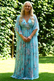 Floral Blue and Pink Batwing Sleeevs Plus Size Long Bridesmaid Dress