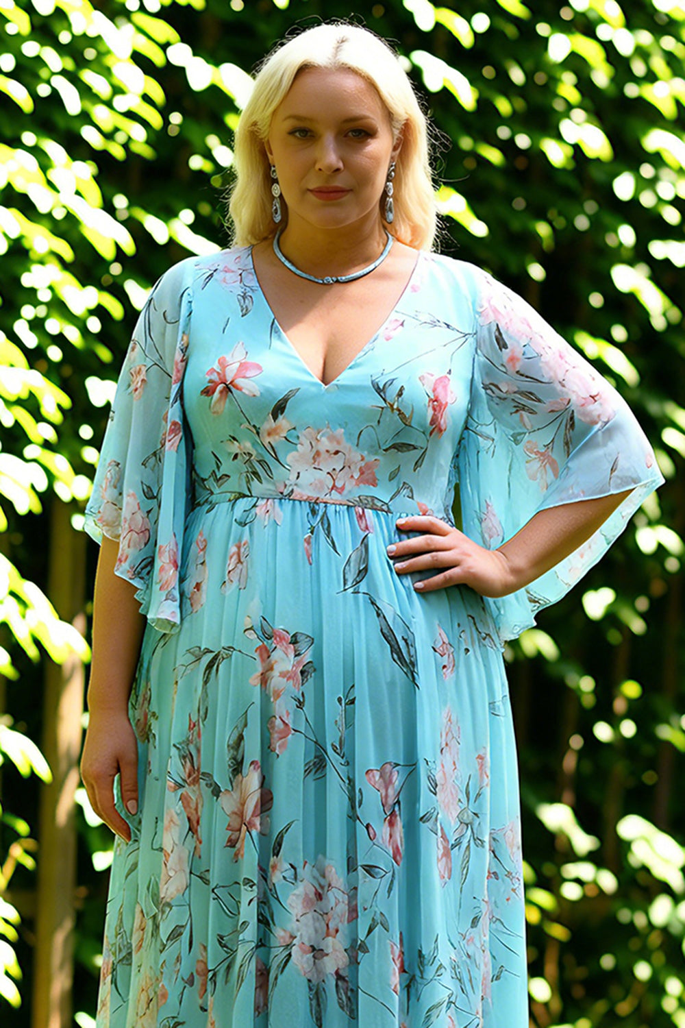 Floral Blue and Pink Batwing Sleeevs Plus Size Long Bridesmaid Dress