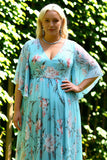 Floral Blue and Pink Batwing Sleeevs Plus Size Long Bridesmaid Dress