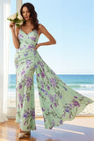 Floral Green and Purple Mermaid Long Bridesmaid Dress with Side Cape