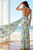 Floral Green and Purple Mermaid Long Bridesmaid Dress with Side Cape