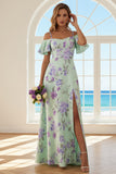 Floral Green and Purple Sheath Cold Shoulder Long Bridesmaid Dress with Slit