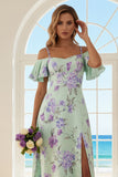 Floral Green and Purple Sheath Cold Shoulder Long Bridesmaid Dress with Slit