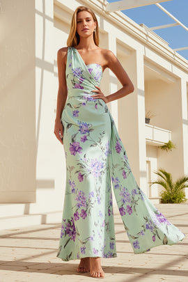 Floral Green and Purple One Shoulder Ruched Long Bridesmaid Dress with Side Cape