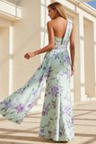 Floral Green and Purple One Shoulder Ruched Long Bridesmaid Dress with Side Cape