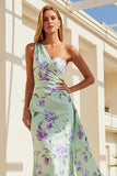 Floral Green and Purple One Shoulder Ruched Long Bridesmaid Dress with Side Cape