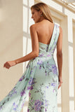 Floral Green and Purple One Shoulder Ruched Long Bridesmaid Dress with Side Cape