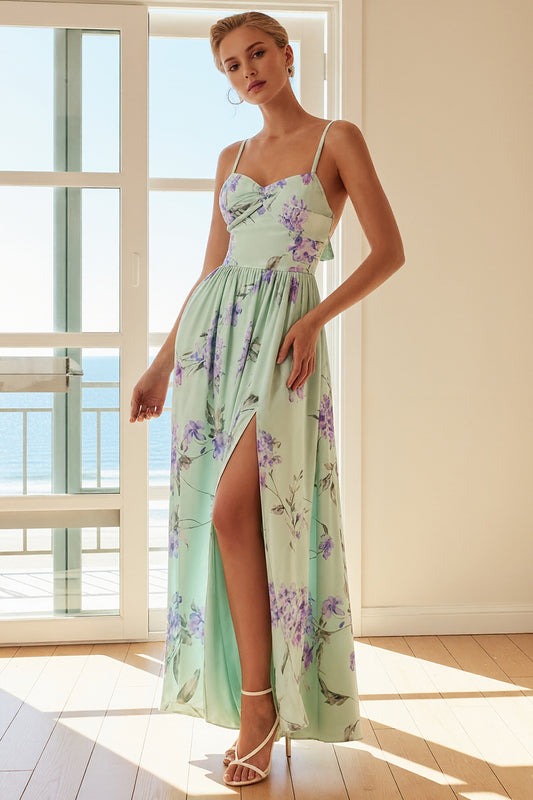 Green and Purple Floral Spaghetti Straps Long Bridesmaid Dress with Slit