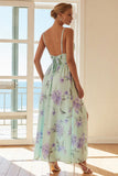 Green and Purple Floral Spaghetti Straps Long Bridesmaid Dress with Slit