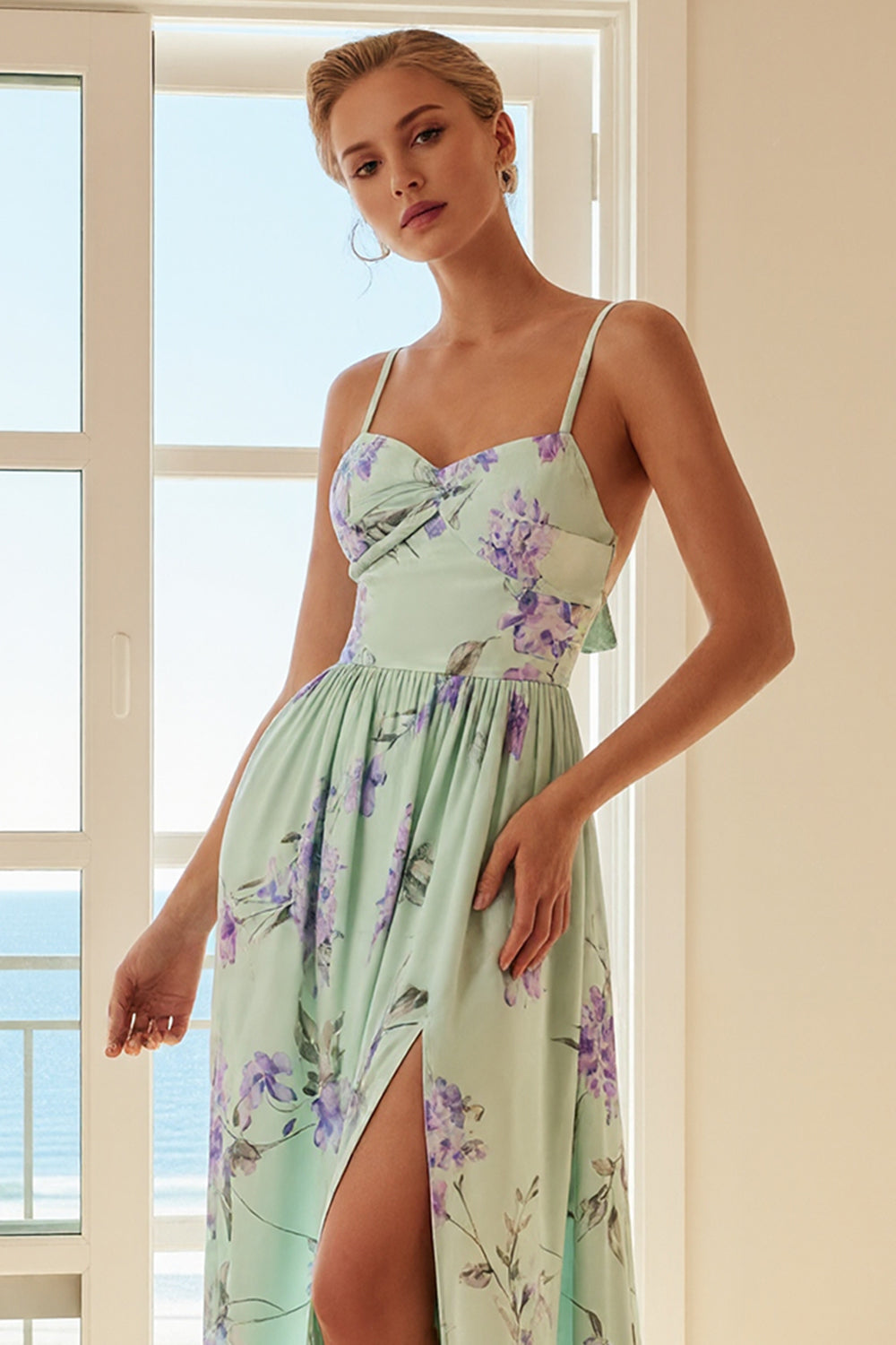 Green and Purple Floral Spaghetti Straps Long Bridesmaid Dress with Slit