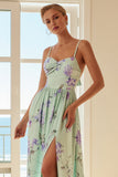 Green and Purple Floral Spaghetti Straps Long Bridesmaid Dress with Slit