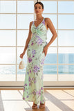 Green and Purple Floral Mermaid Ruched V-Neck Long Bridesmaid Dress