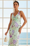 Green and Purple Floral Mermaid Ruched V-Neck Long Bridesmaid Dress