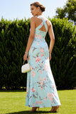 Floral Blue and Pink Cross Neck Long Bridesmaid Dress with Slit