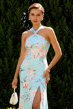 Floral Blue and Pink Cross Neck Long Bridesmaid Dress with Slit