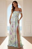 Green and Purple Floral A Line Ruched Long Bridesmaid Dress with Slit