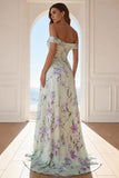 Green and Purple Floral A Line Ruched Long Bridesmaid Dress with Slit