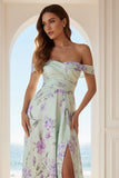 Green and Purple Floral A Line Ruched Long Bridesmaid Dress with Slit