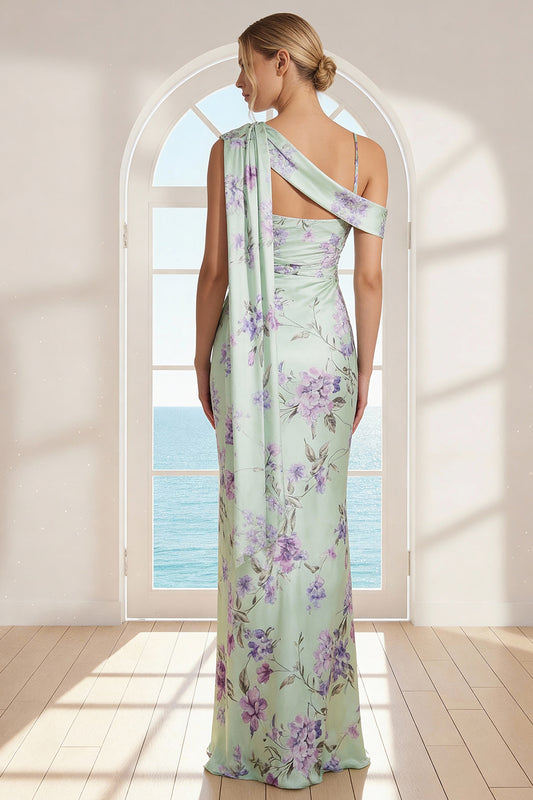 Floral Green and Purple Mermaid Long Bridesmaid Dress with Side Cape