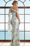 Floral Green and Purple Mermaid Long Bridesmaid Dress with Side Cape