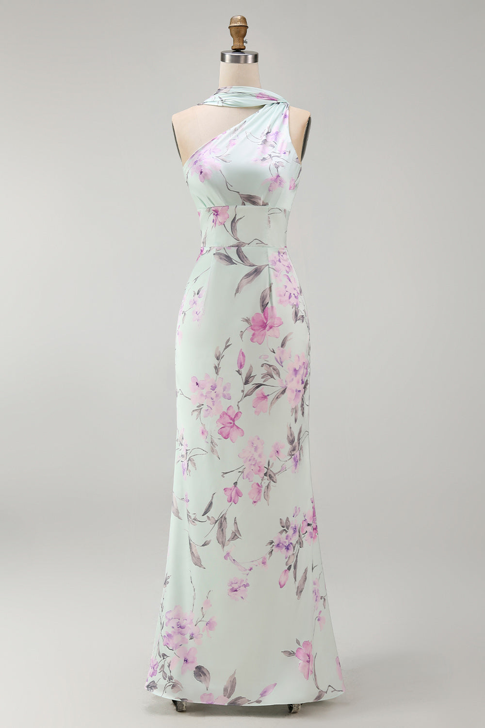 Floral Green and Purple Neck Scarf Long Bridesmaid Dress with Side Cape