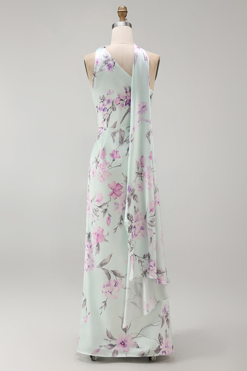 Floral Green and Purple Neck Scarf Long Bridesmaid Dress with Side Cape