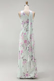 Floral Green and Purple Neck Scarf Long Bridesmaid Dress with Side Cape
