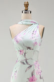 Floral Green and Purple Neck Scarf Long Bridesmaid Dress with Side Cape