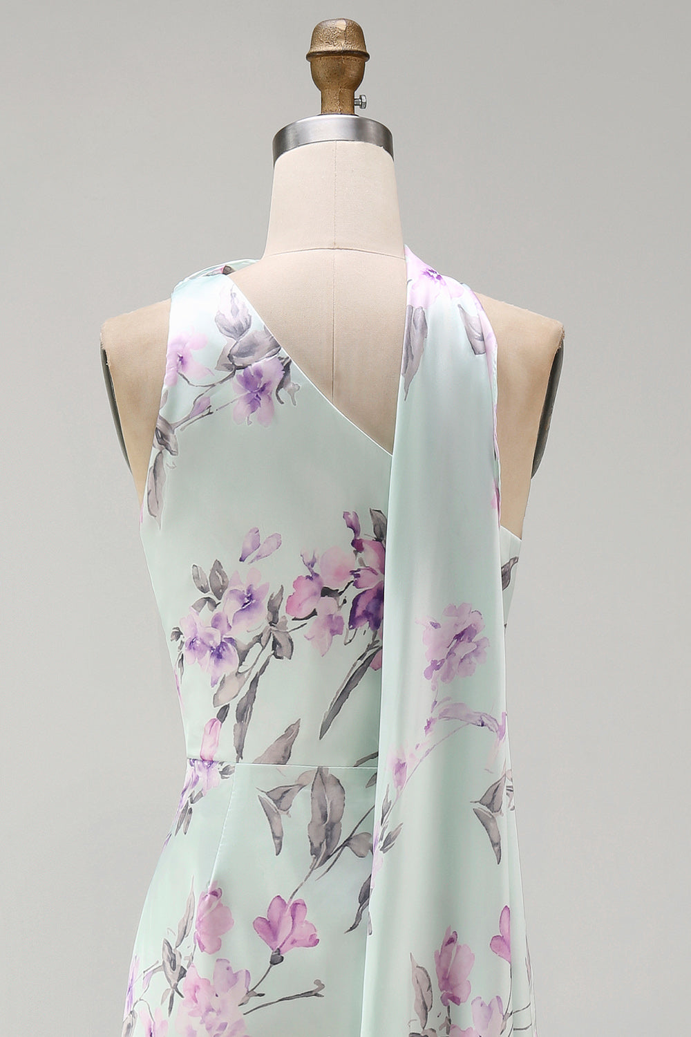 Floral Green and Purple Neck Scarf Long Bridesmaid Dress with Side Cape