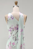 Floral Green and Purple Neck Scarf Long Bridesmaid Dress with Side Cape