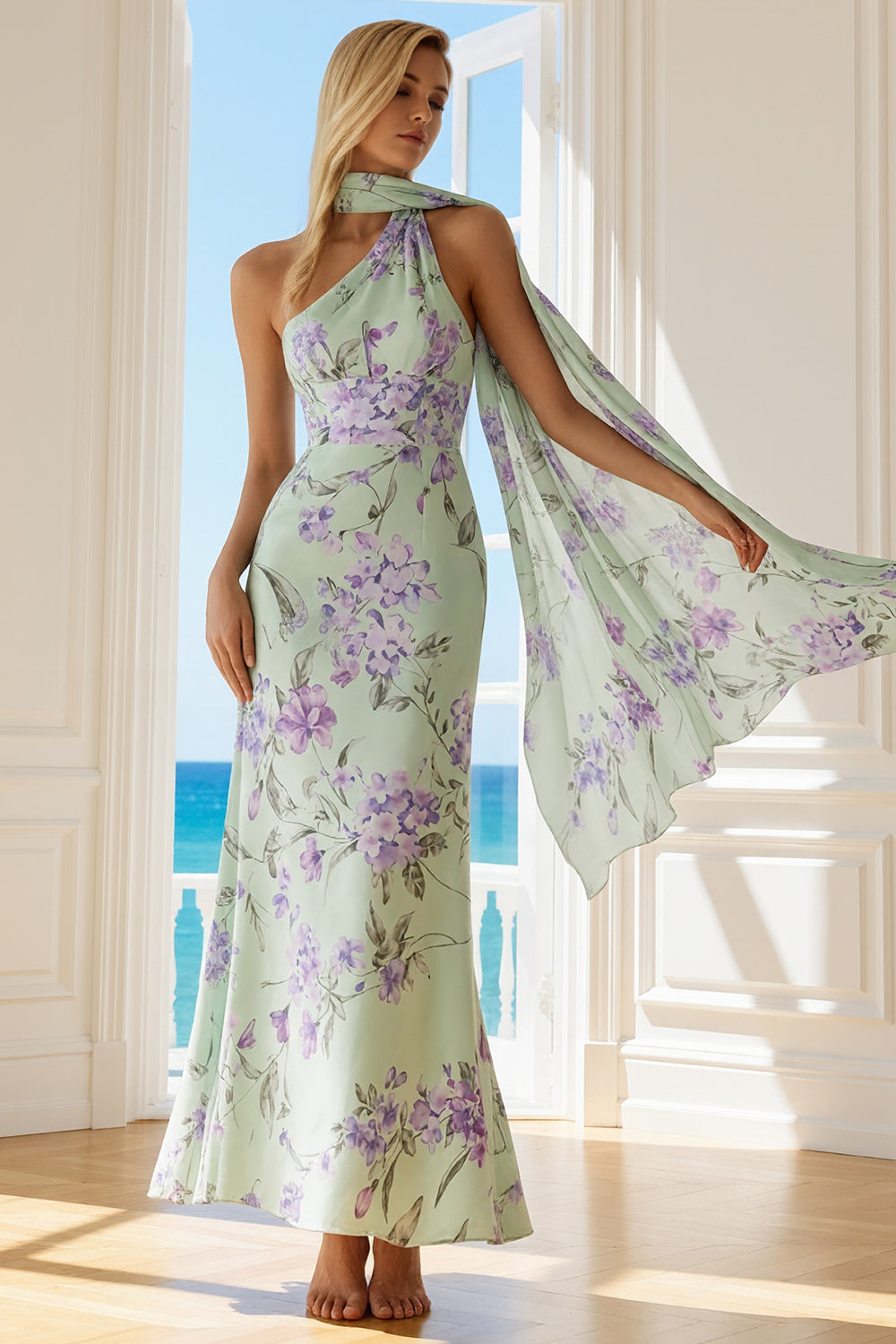 Floral Green and Purple Neck Scarf Long Bridesmaid Dress with Side Cape
