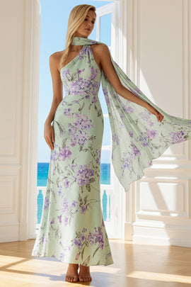 Floral Green and Purple Neck Scarf Long Bridesmaid Dress with Side Cape