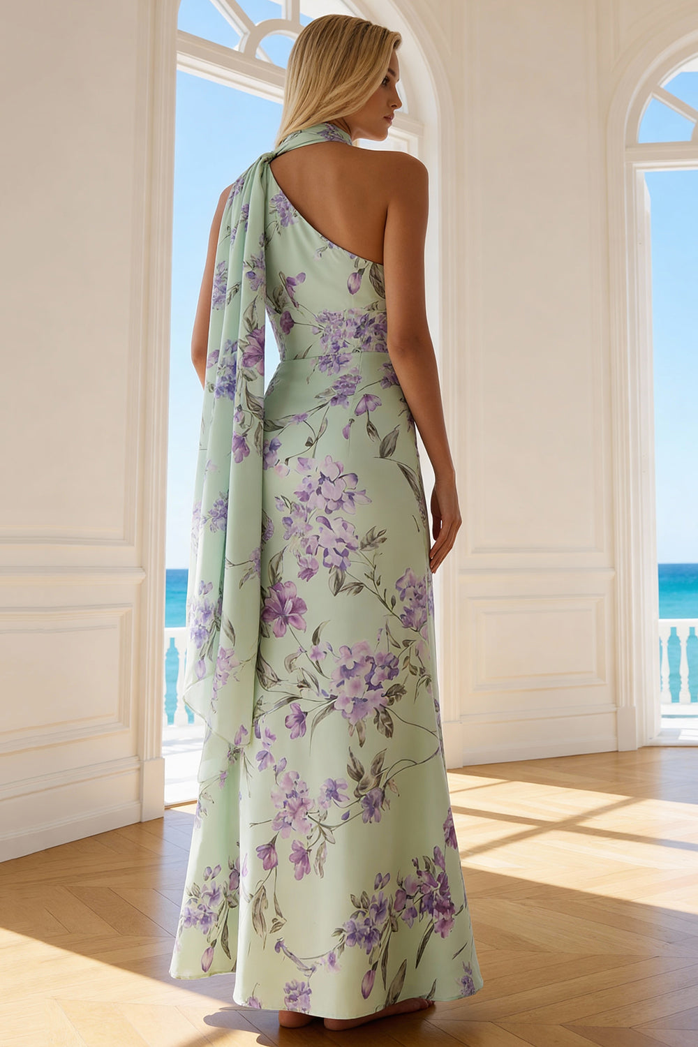 Floral Green and Purple Neck Scarf Long Bridesmaid Dress with Side Cape