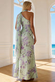 Floral Green and Purple Neck Scarf Long Bridesmaid Dress with Side Cape