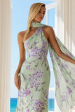 Floral Green and Purple Neck Scarf Long Bridesmaid Dress with Side Cape