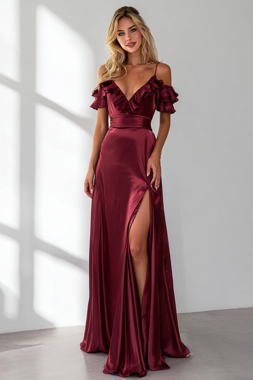 Burgundy Cold Shoulder A Line Ruffled Long Bridesmaid Dress with Slit