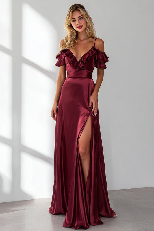 Burgundy Cold Shoulder A Line Ruffled Long Bridesmaid Dress with Slit