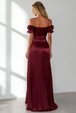 Burgundy Cold Shoulder A Line Ruffled Long Bridesmaid Dress with Slit