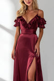 Burgundy Cold Shoulder A Line Ruffled Long Bridesmaid Dress with Slit