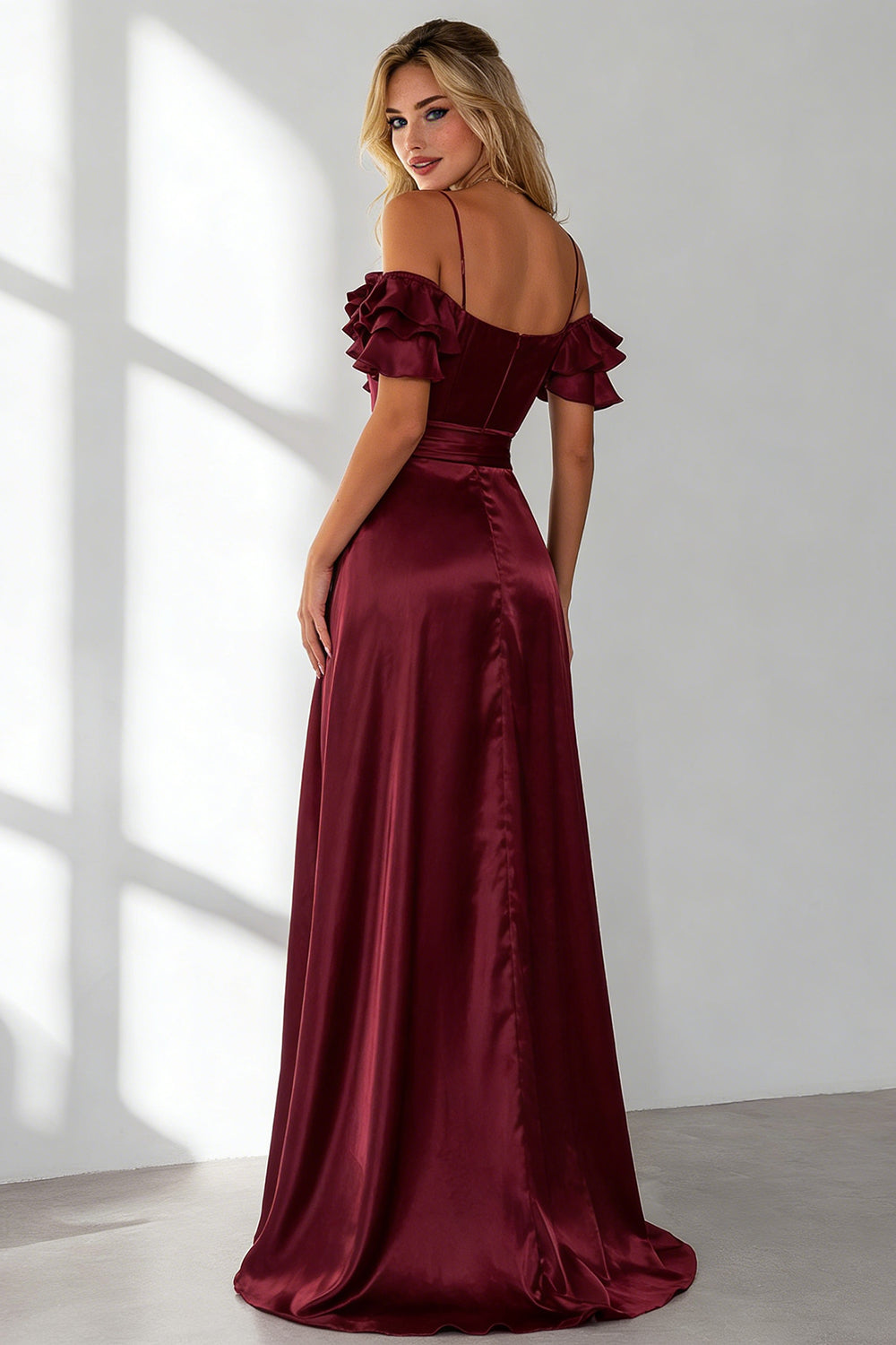 Burgundy Cold Shoulder A Line Ruffled Long Bridesmaid Dress with Slit