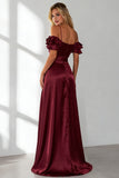 Burgundy Cold Shoulder A Line Ruffled Long Bridesmaid Dress with Slit