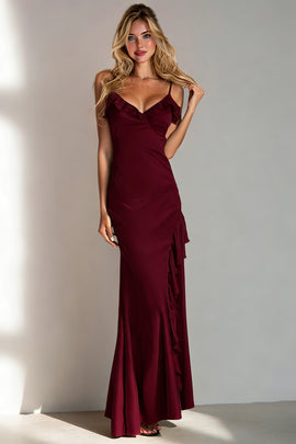 Burgundy Spaghetti Straps Satin Long Bridesmaid Dress with Ruffles
