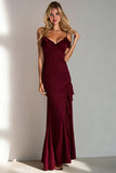 Burgundy Spaghetti Straps Satin Long Bridesmaid Dress with Ruffles