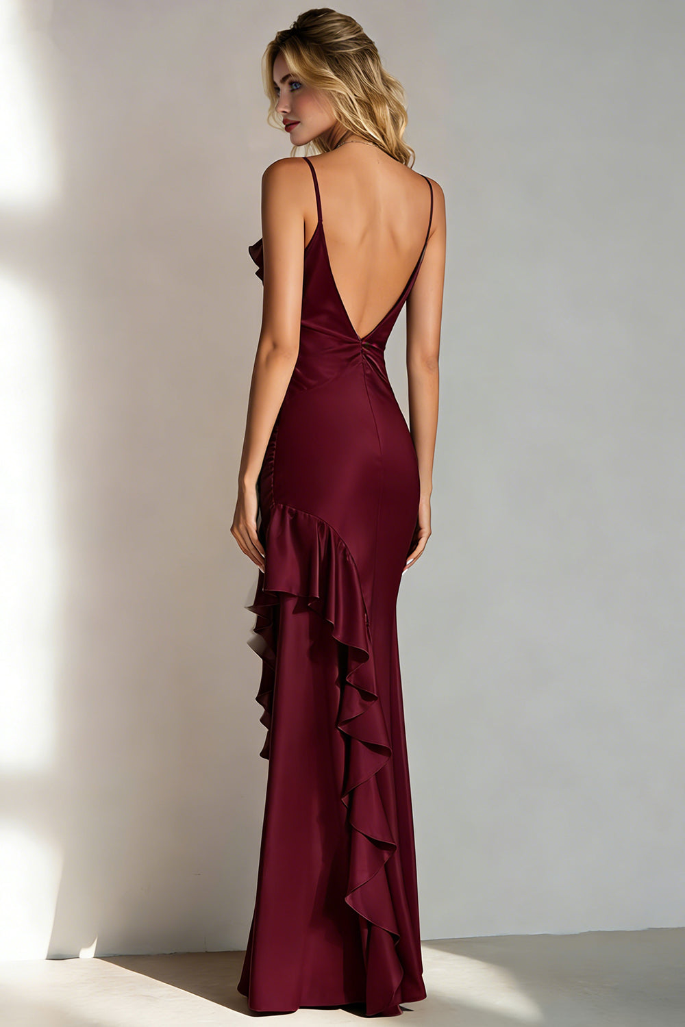 Burgundy Spaghetti Straps Satin Long Bridesmaid Dress with Ruffles